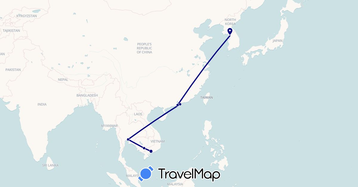 TravelMap itinerary: driving in China, Cambodia, South Korea, Thailand, Vietnam (Asia)